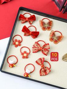 10pcs Children's Hair Accessories Red Fabric Bowknot Elastic Hair Ties - Multicolor - View 2