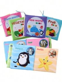 A Set Of Soft Fabric Books For Baby Toys, Colorful Cloth Baby Learning Books - Ocean World, Animal World, Clothing Recognition, Transportation, Fruits, Vegetables, Natural Knowledge, With Rustling Sound, Great Educational Gift For Infants - Blue - View 6