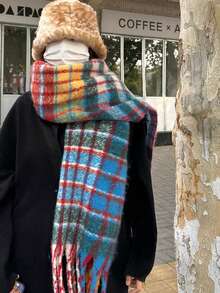 1條多色格子彩虹流蘇圍巾,仿羊絨材質,厚實柔軟保暖頸巾,男女適用,適合送禮和日常使用 - 彩色 - 查看 5