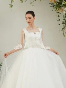 MOOZ BRIDAL 1pc Ivory Bridal Cape Thin Mesh Edge Pearl Embellished Wedding Shawl Fall Clothes For Women - Beige - View 5