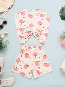 女童夏季時尚水果印花寬鬆無袖上衣和短褲套裝