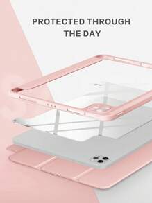 透明硅胶iPad保护套,三折设计带笔槽,透明后盖,超薄支架,防震防摔 - 粉色 - 查看 5