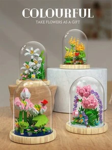 植物花卉系列 Diy 組裝積木,帶底座和塵罩,微粒,情侶送給女性的禮物,模擬花束盆栽裝飾 - 黑色 - 查看 3