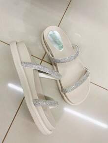 SANDÁLIA FEMININA PAPETE BIRKEN FLATFORM STRASS BRILHO AJUSTÁVEL SOLADO ANATÔMICO MACIA
