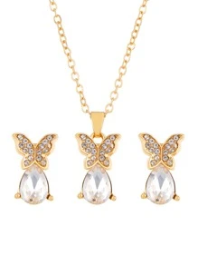 3入組/套新款蝴蝶形狀鑽石與水滴形狀珠寶套裝,創意設計蝴蝶吊墜項鍊和耳環套裝,適用於女性 - 鑲鑽蝴蝶水滴首飾套裝 - 查看 6