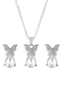 3入組/套新款蝴蝶形狀鑽石與水滴形狀珠寶套裝,創意設計蝴蝶吊墜項鍊和耳環套裝,適用於女性 - 鑲鑽蝴蝶水滴首飾套裝 - 查看 5