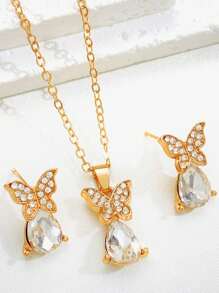 3入組/套新款蝴蝶形狀鑽石與水滴形狀珠寶套裝,創意設計蝴蝶吊墜項鍊和耳環套裝,適用於女性 - 鑲鑽蝴蝶水滴首飾套裝 - 查看 3