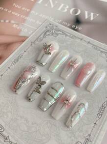 10pcs/box Long Coffin Shape Planetary Metal Butterflies Design Handmade False Nails, Removable And Reusable, Suitable For Girls And Women - Multicolor - View 1