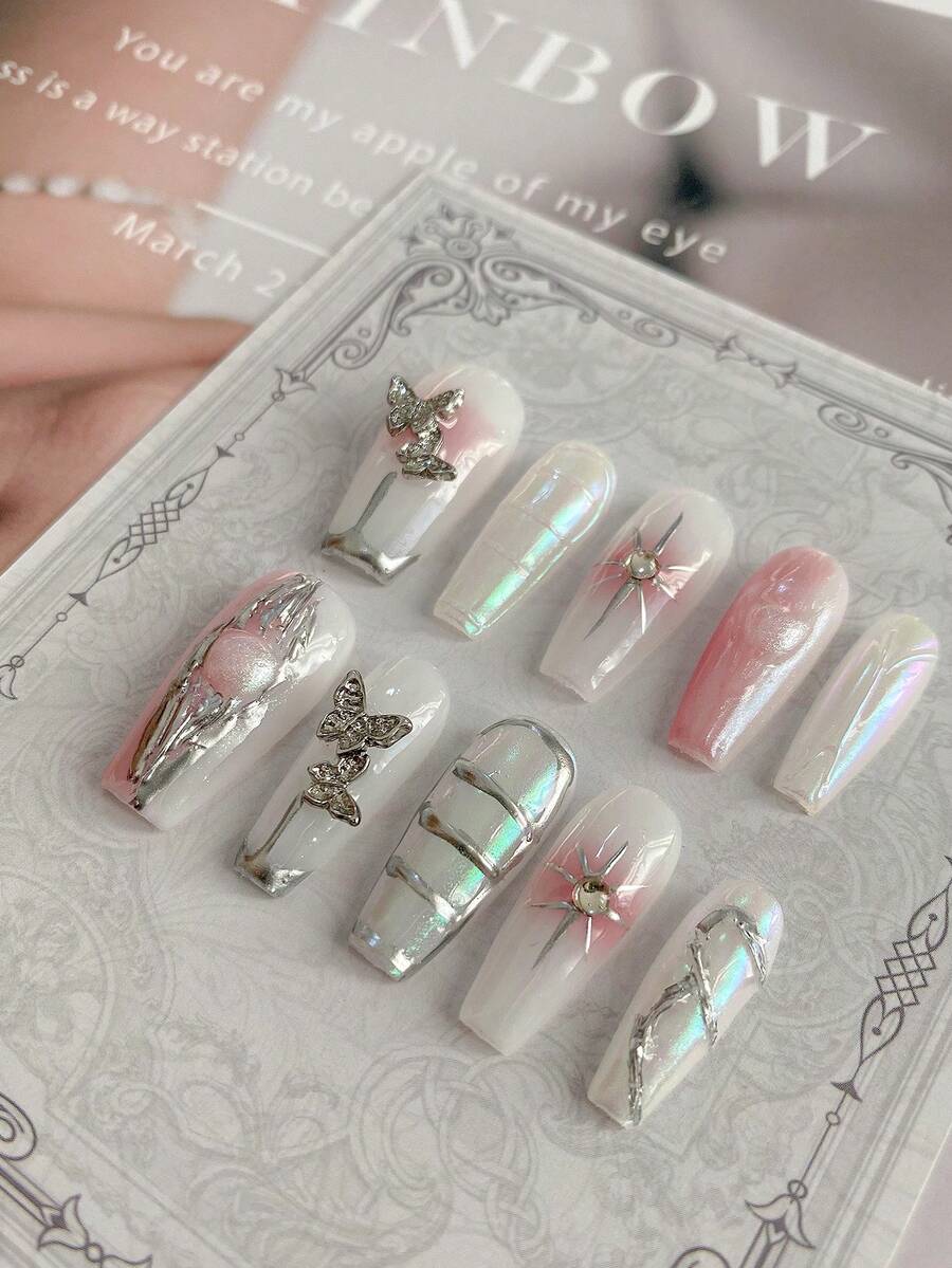 10pcs/box Long Coffin Shape Planetary Metal Butterflies Design Handmade False Nails, Removable And Reusable, Suitable For Girls And Women - Multicolor - View 1