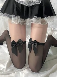 1雙黑色蝴蝶結裝飾性感花邊大腿高襪女士夏季薄款 - 黑色 - 查看 2