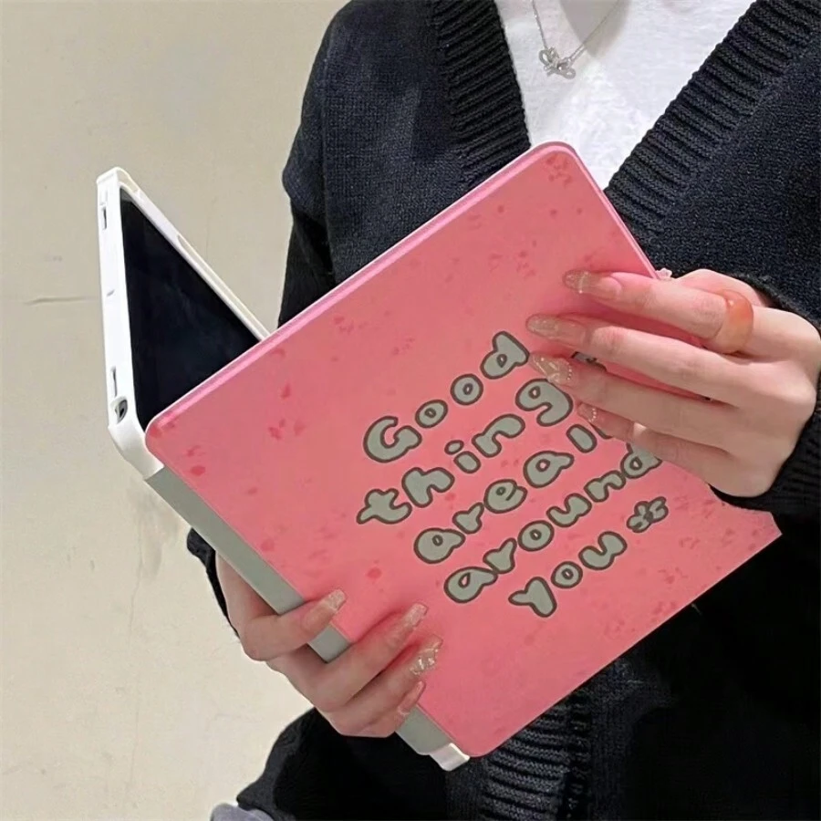 1pc Pink Acrylic Three-Fold Stand Tablet Case With Letters Decor, Compatible With Ipad - Pink - View 1