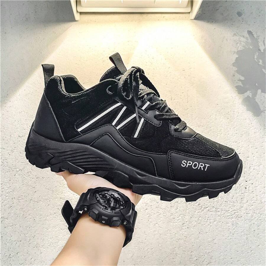 新款男式低幫透氣厚底鞋 - 黑色 - 查看 1