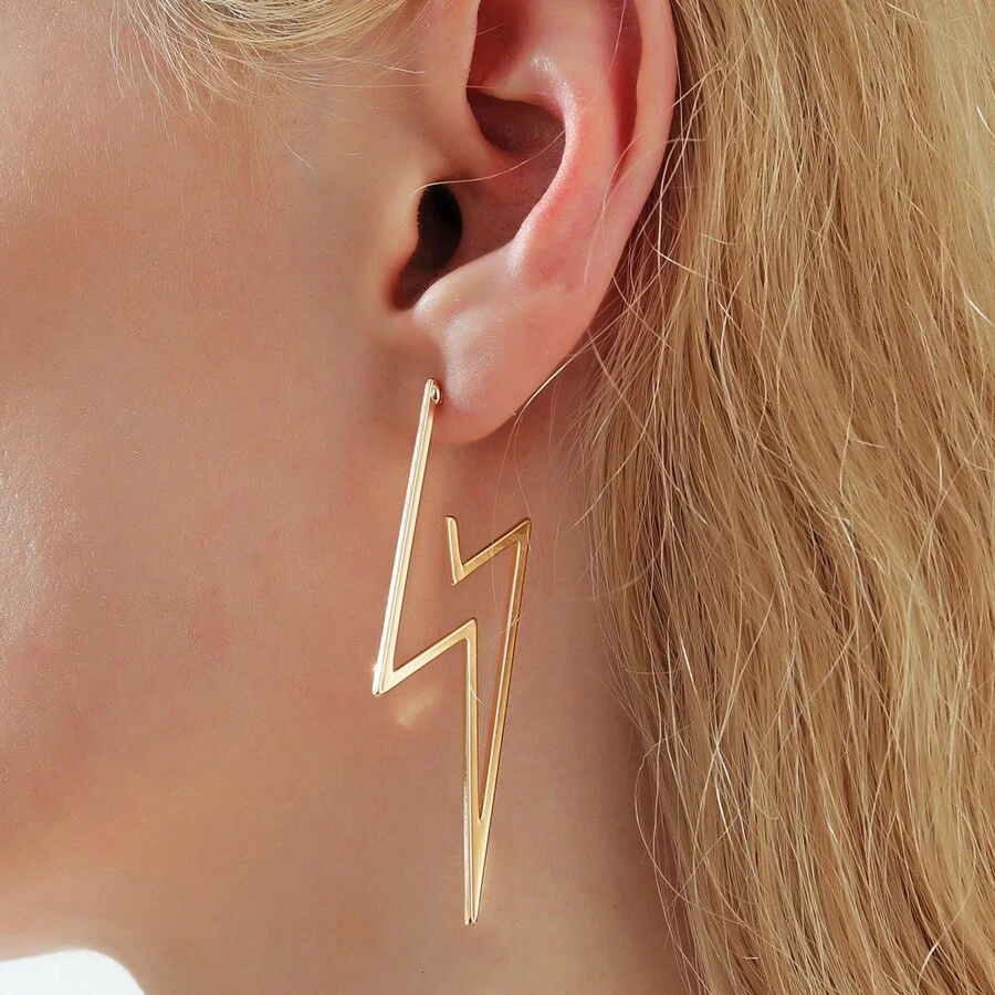 1pair Fashionable Exaggerated Large Metallic Earrings With Lightning Texture, Waterdrop, Sun, Moon, Stars For Women's Daily Wear And Party - Gold - View 1