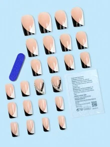 24 Cái/bộ Dài Vuông Đen Trắng Phong Cách Pháp Thiết Kế Nghệ Thuật Hình Học Bao Phủ Toàn Bộ Móng Tay Giả Với Trang Trí Kim Cương Giả Cho Bữa Tiệc, Khiêu Vũ, Lễ Hội Bấm Vào Móng Tay Đồ Dùng Làm Móng - Đen và trắng - Xem 2