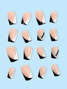 24 Cái/bộ Dài Vuông Đen Trắng Phong Cách Pháp Thiết Kế Nghệ Thuật Hình Học Bao Phủ Toàn Bộ Móng Tay Giả Với Trang Trí Kim Cương Giả Cho Bữa Tiệc, Khiêu Vũ, Lễ Hội Bấm Vào Móng Tay Đồ Dùng Làm Móng - Đen và trắng - Xem 3