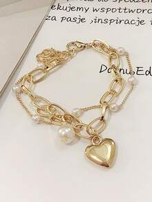 Pearl&Heart  Layered Chain Charm Bracelet - Yellow Gold - View 2