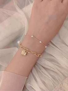 Pearl&Heart  Layered Chain Charm Bracelet - Yellow Gold - View 4