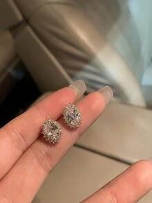 1對高端全鑲鑽石和立體切割氧化鋯鳥蛋形耳釘女款,簡約精致的經典耳環 - 金黃色 - 查看 1