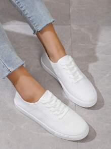 新款女式白色英倫風綁帶帆布運動鞋，圓頭低幫厚底防滑鞋，時尚透氣防滑厚底鞋，學生鞋，休閒鞋 - 白色 - 查看 1