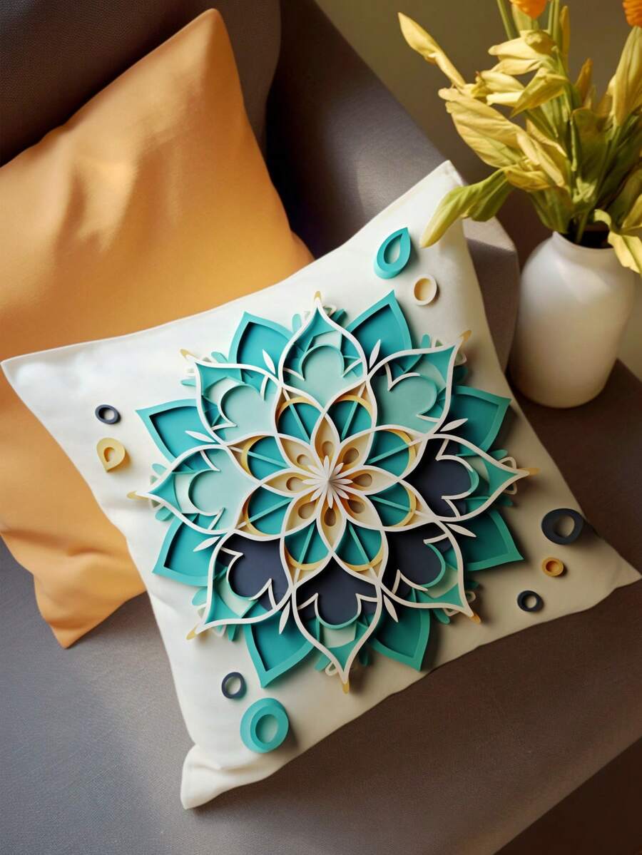 1pc / Al-Fitr Blue Color Big Flower Rhombus Shaped Theme Cushion Cover, Pillow Core Not Included - Beige - View 1