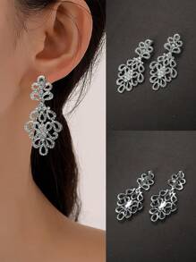 2入組女士銀色合金巴洛克風格鑲有鑽石的耳環,適用於婚禮、派對和日常時尚穿搭 - 銀色 - 查看 1