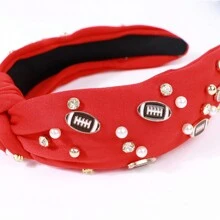 1入時尚運動風格足球裝飾頭箍,鑲有水晶鑽石和珍珠珠飾,結繩設計,適用於比賽日的髮飾和運動迷的禮物 - 黑色 - 查看 9