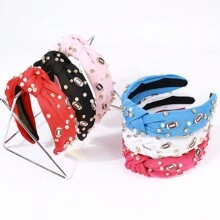 1入時尚運動風格足球裝飾頭箍,鑲有水晶鑽石和珍珠珠飾,結繩設計,適用於比賽日的髮飾和運動迷的禮物 - 黑色 - 查看 6