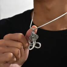1pc Men's Zinc Alloy Snake Pendant Stainless Steel Chain Necklace, Cool Night Club Accessory - Antique Silver - View 3