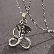 1pc Men's Zinc Alloy Snake Pendant Stainless Steel Chain Necklace, Cool Night Club Accessory - Antique Silver - View 6