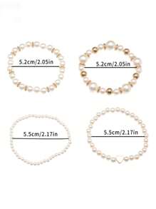 4 件套复古心形和人造珍珠串珠弹性手链优雅情人节 - 白色 - 查看 3
