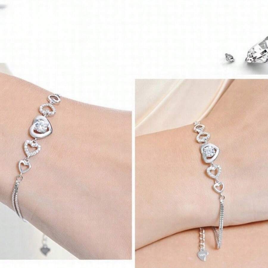 1pc Heart Shaped Faux Brick Bracelet, Valentine's Day Gift, Suitable For Couples - Silver - View 1
