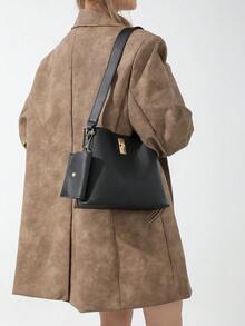 3pcs/Set Twist Lock Closure Pu Leather Solid Color Large Capacity Tote Bag, Shoulder Bag, Crossbody Bag, Wallet, Suitable For Women Daily Use And Gift Giving - Black - View 4