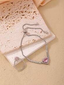 1set European And American Style Fashionable Pink Heart Charm Bracelet And Ring Set For Women - Multicolor - View 4