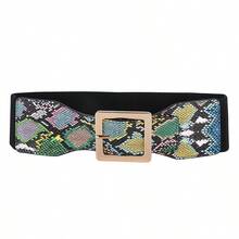 1pc Colorful Snake Print Women's Belt With Square Buckle Decoration For Coats, Dresses, Elastic Waist Belt - Black - View 1