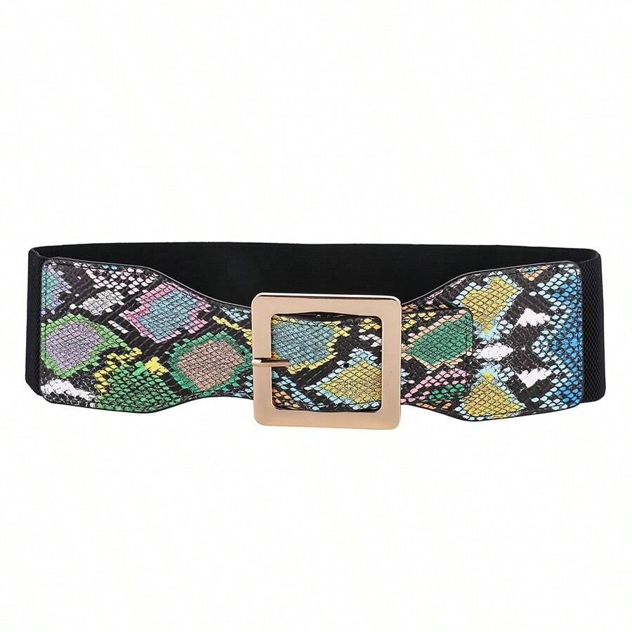 1pc Colorful Snake Print Women's Belt With Square Buckle Decoration For Coats, Dresses, Elastic Waist Belt - Black - View 1