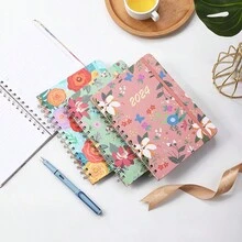 1pc 2024 Planner & Schedule & Floral Diary Notebook & Coil & Weekly Planner & Memo Pad - Apricot - View 3