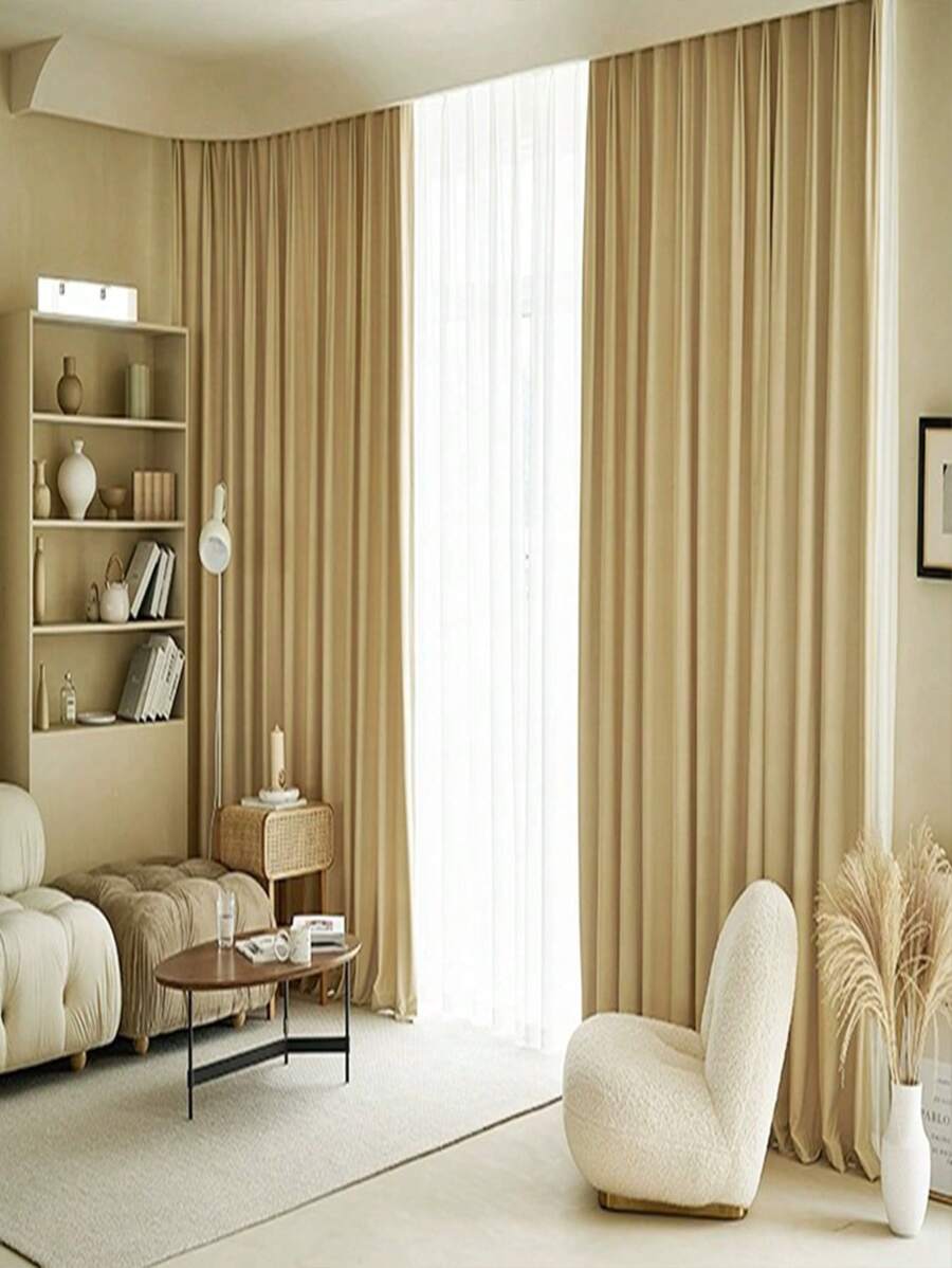 MEISIMENGSHA 北歐風格現成品奶茶色ins輕奢卧室、客廳遮光窗簾,現代實心厚絨織物,1片 - 奶茶色 - 查看 1