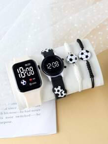 4件套男童时尚经典足球数字方形LED儿童手表，适合电子手表圆形腕带和合金手工足球手环，适合开学、日常生活、运动、上学、聚会和旅行。适合作为朋友礼物、生日礼物、毕业季礼物。它是送给男孩的完美礼物。 - 彩色 - 查看 1