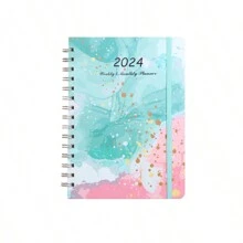 1pc 2024 Planner Agenda Notebook, Floral Pattern Diary Book, Spiral Coil Journal, Weekly Schedule, Memo Pad - Baby Blue - View 1