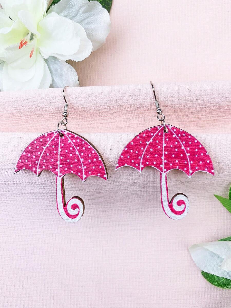 1 對木製耳環,帶有粉紅色雨傘和心形設計,送給女士、朋友、最好的朋友、戀人的情人節禮物 - 彩色 - 查看 1