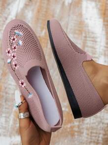 新款透氣布質輕便鞋,媽媽刺繡軟底便鞋,花紋網眼鞋面 - 粉色 - 查看 1