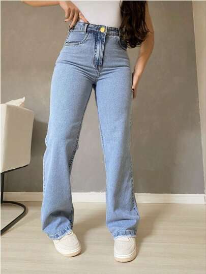 Calça Jeans Wide Leg Feminina Marmorizada Pantalona  Boca Larga Cintura Alta Confortável Sofisticada Elegante na Promoção