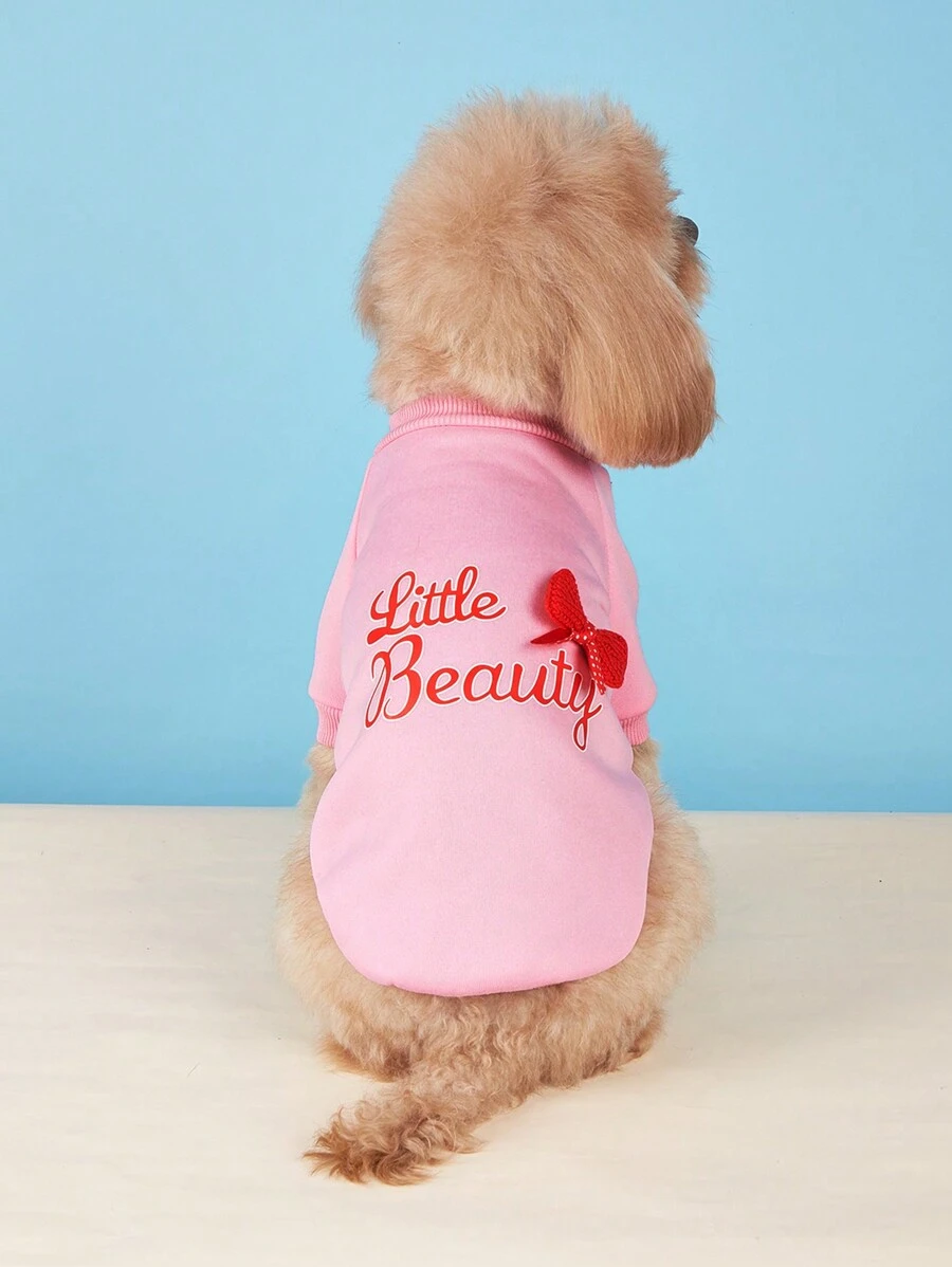 1件粉色裝飾有蝴蝶結的小英文印花天鵝絨圓領寵物汗衫,適用於貓、泰迪犬和貴賓犬 - 粉色 - 查看 1