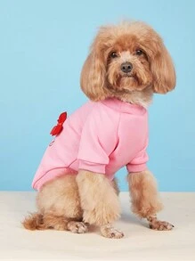 1件粉色裝飾有蝴蝶結的小英文印花天鵝絨圓領寵物汗衫,適用於貓、泰迪犬和貴賓犬 - 粉色 - 查看 2