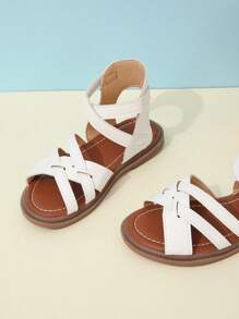 1pair Kids' Anti-Slip Comfortable Flat Weave Fashionable Hollow Out Roman Sandals - White - View 3