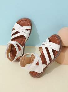 1pair Kids' Anti-Slip Comfortable Flat Weave Fashionable Hollow Out Roman Sandals - White - View 4