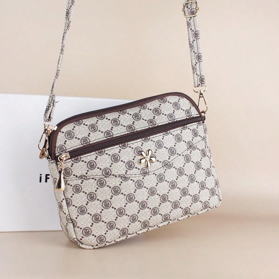 2024新款女包，印花图案相机包，妈妈单肩包，时尚简约斜挎包，多层零钱包，休闲时尚手机包，可爱小方包配肩带，PU皮拉链大容量，百搭图案贝壳包，日常使用 - 米色 - 查看 1