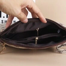 2024新款女包，印花图案相机包，妈妈单肩包，时尚简约斜挎包，多层零钱包，休闲时尚手机包，可爱小方包配肩带，PU皮拉链大容量，百搭图案贝壳包，日常使用 - 米色 - 查看 6