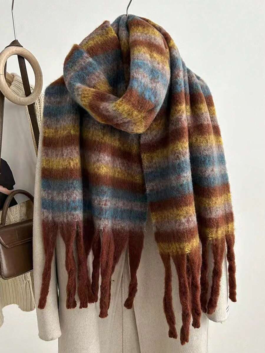 1入冬季羊絨厚棉紗圍巾女男豪華長款柔軟保暖厚披肩秋季戶外禮物 - 咖啡棕 - 查看 1