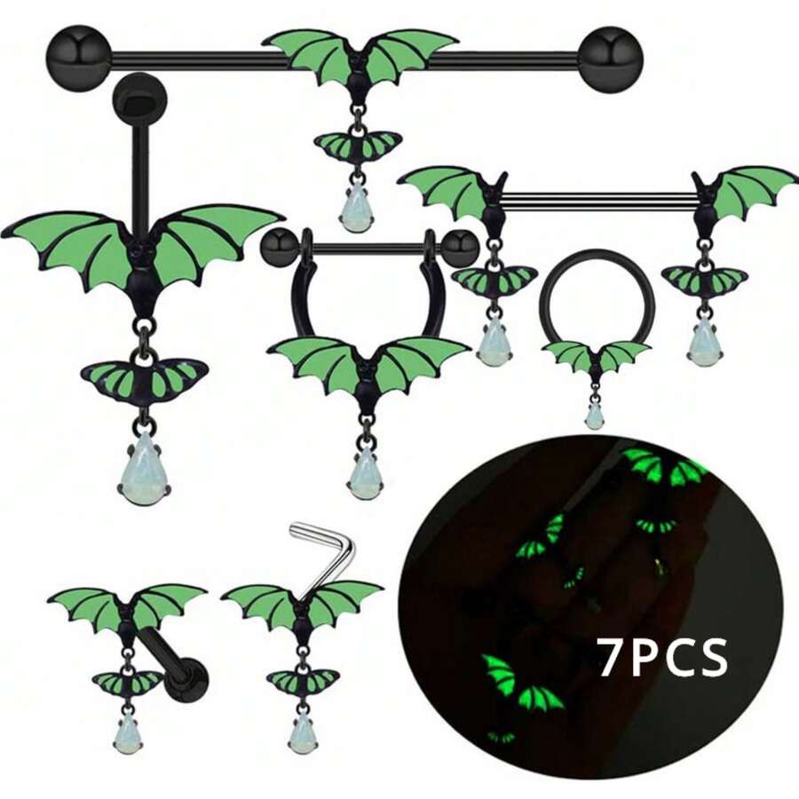 7 件套男女夜光不銹鋼身體首飾套裝,包括肚臍環、胸環、鼻環、耳環 - 綠色 - 查看 1
